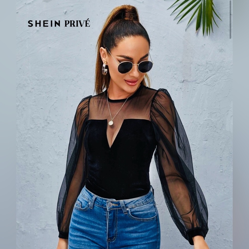 SHEIN Black Sheer Lantern Sleeve Blouse